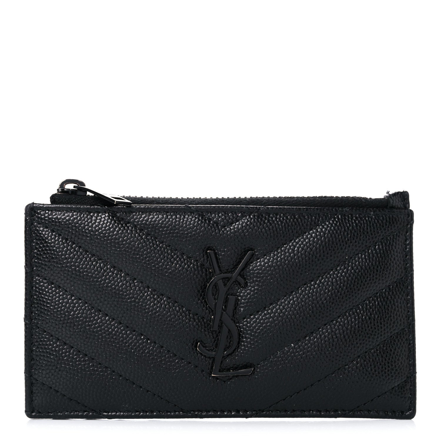 Saint Laurent Grain De Poudre Matelasse Chevron Monogram Fragments Zippered Card Case Black 1 of 11