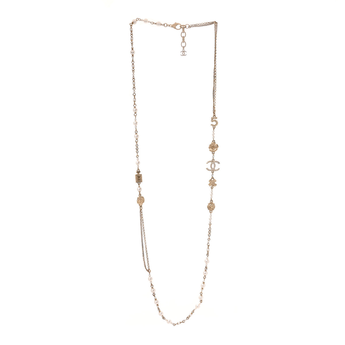 Pearl Crystal Graduated CC No.5 Perfume Bottle Flower Long Necklace Gold White