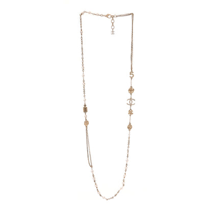Chanel Pearl Crystal Graduated CC No.5 Perfume Bottle Flower Long Necklace Gold White 3 of 4