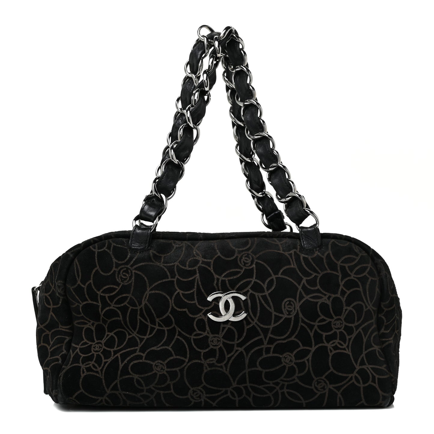 Velvet Camellia Embossed Shoulder Bag Black