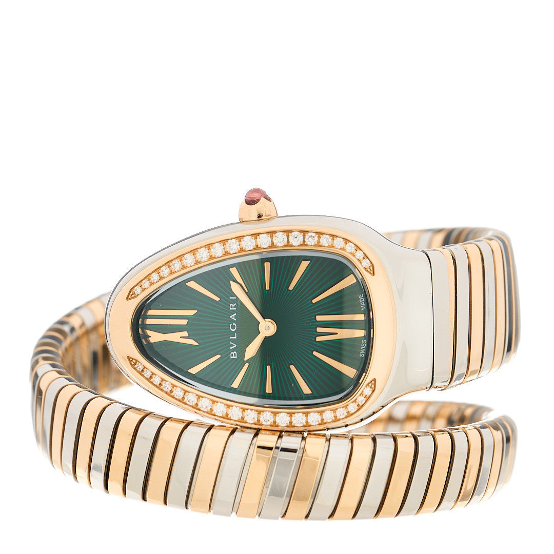 Stainless Steel 18K Rose Gold Diamond Bezel 35mm Serpenti Tubogas Quartz Watch Green