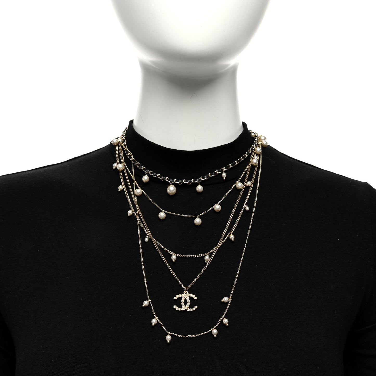 Pearl Crystal Lambskin CC Short Multi Strand Necklace Gold Black