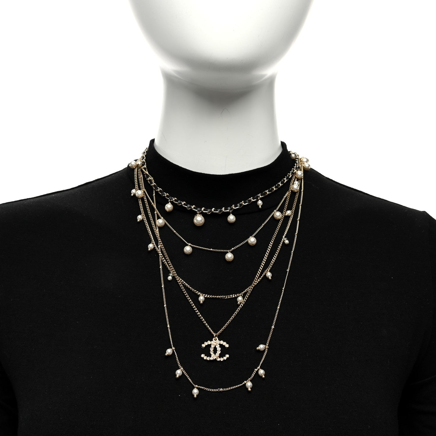 Chanel Pearl Crystal Lambskin CC Short Multi Strand Necklace Gold Black 3 of 5