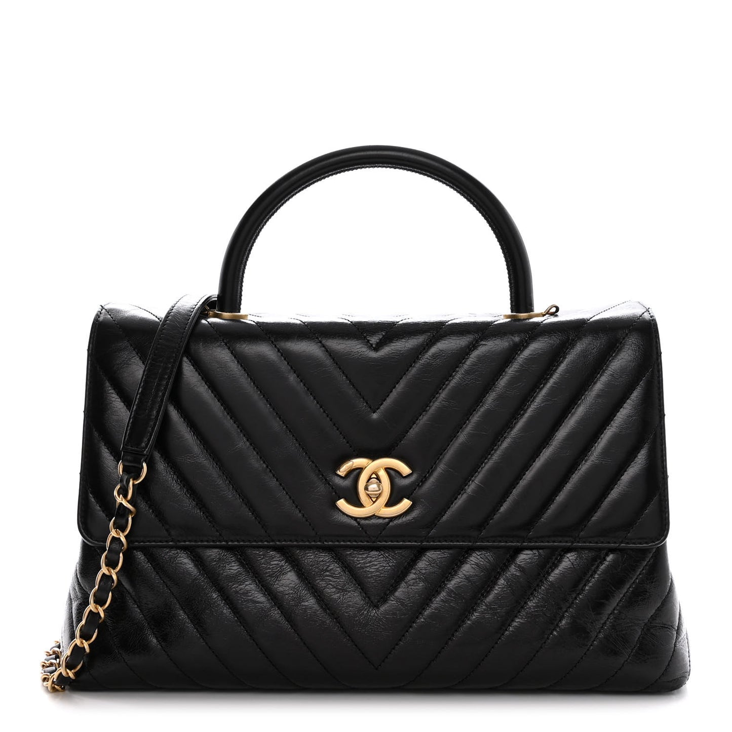 Calfskin Chevron Quilted Medium Coco Handle Flap Black