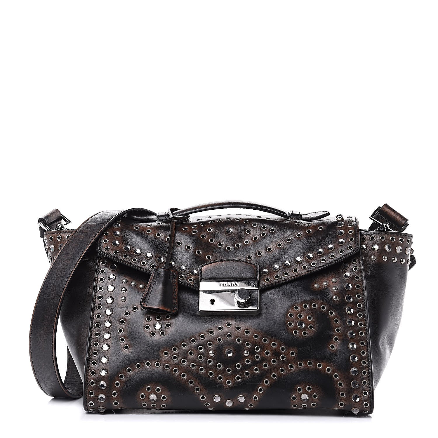 Prada Vitello Vintage Studded Sound Twin Pocket Satchel Ebano 1 of 17