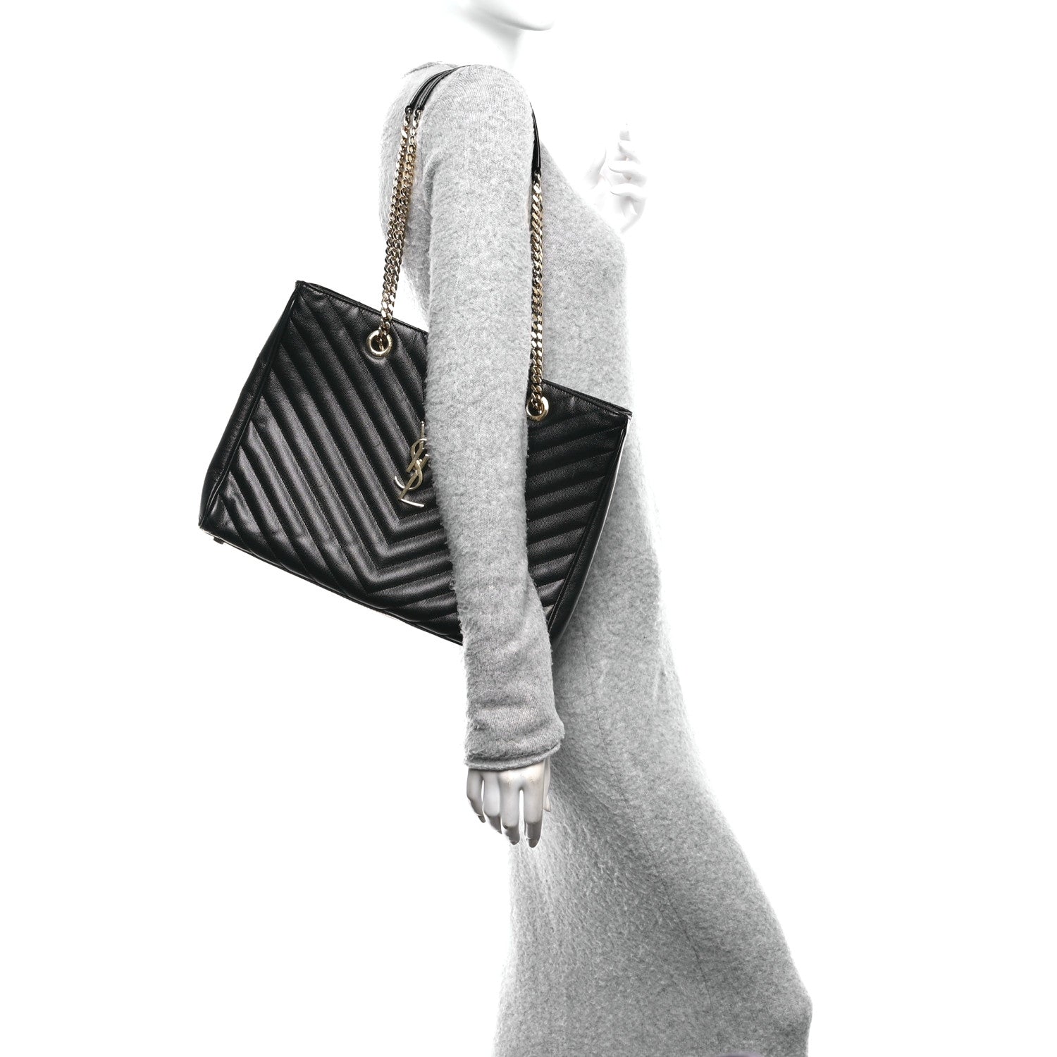Saint Laurent Grain De Poudre Matelasse Chevron Monogram Shopping Bag Black 2 of 10