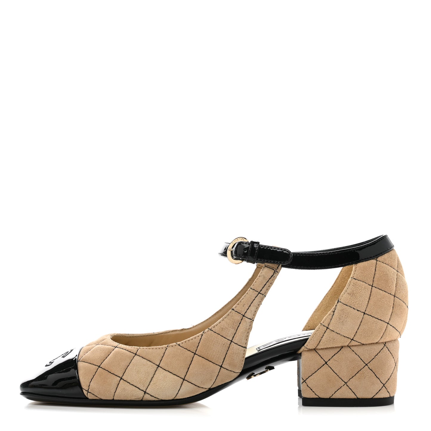 Suede Kidskin Patent Cap Toe Quilted Mary Jane Flats 38 Beige Black