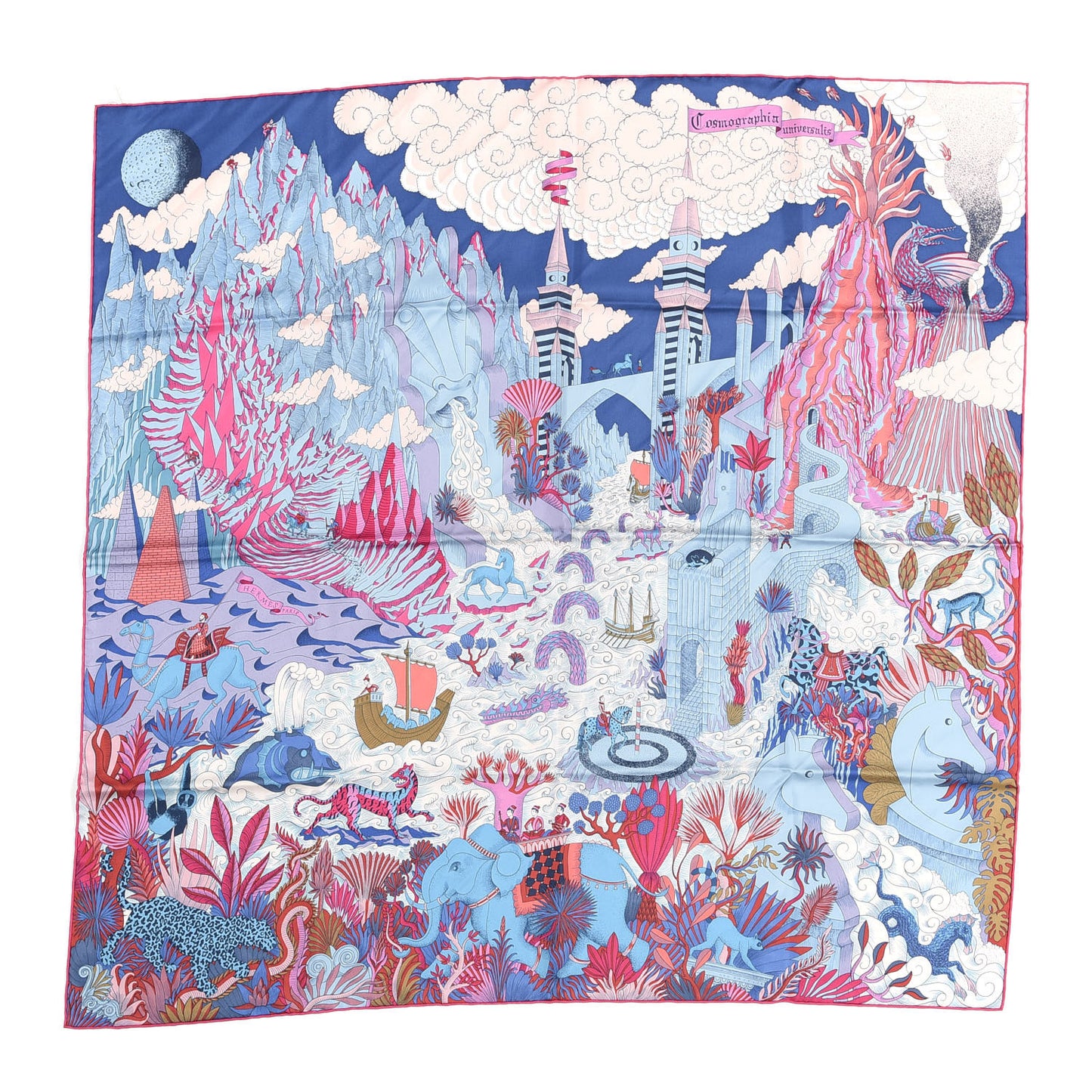 Silk Cosmographia Universalis Scarf 90 Bleu Jean Rose Vif