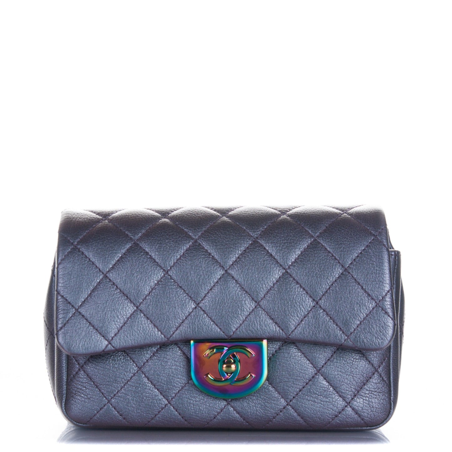 Iridescent Goatskin Quilted Small Double Carry Waist Chain Flap Purple