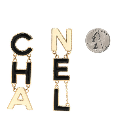 Chanel Metal Enamel Cha-Nel Logo Drop Earrings Black White 2 of 5
