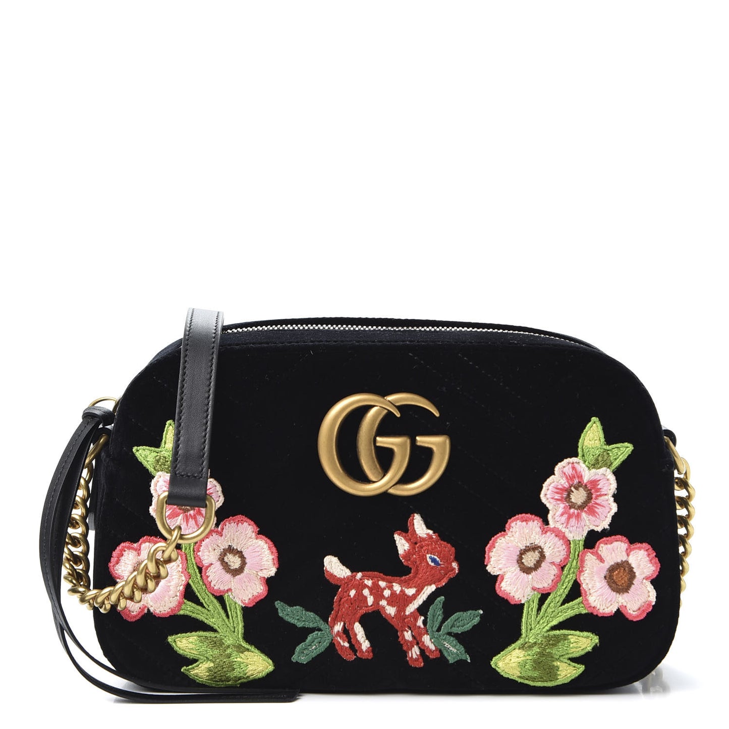 Velvet Matelasse Deer Embroidered Small GG Marmont Chain Shoulder Bag Black