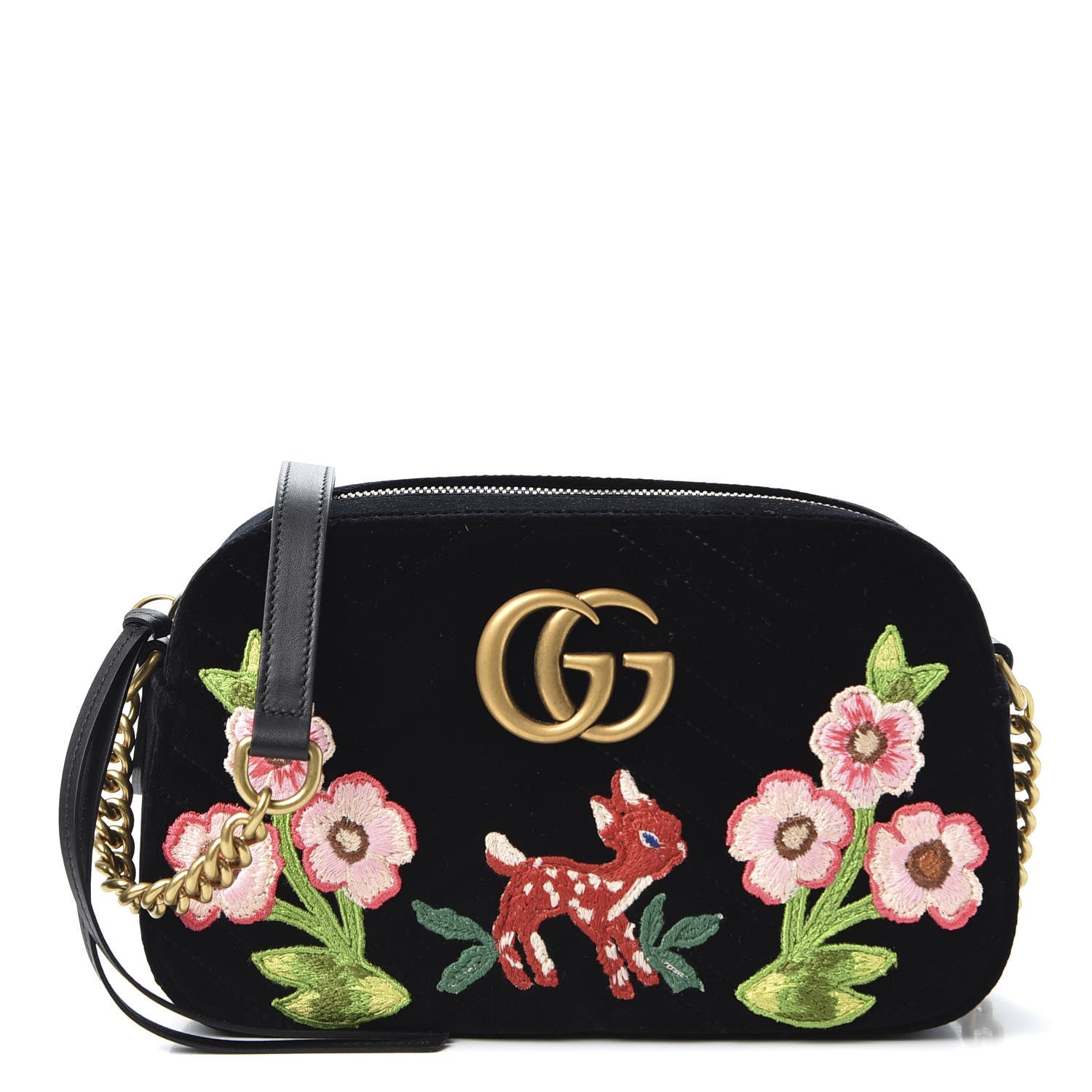 Gucci Velvet Matelasse Deer Embroidered Small GG Marmont Chain Shoulder Bag Black 1 of 9