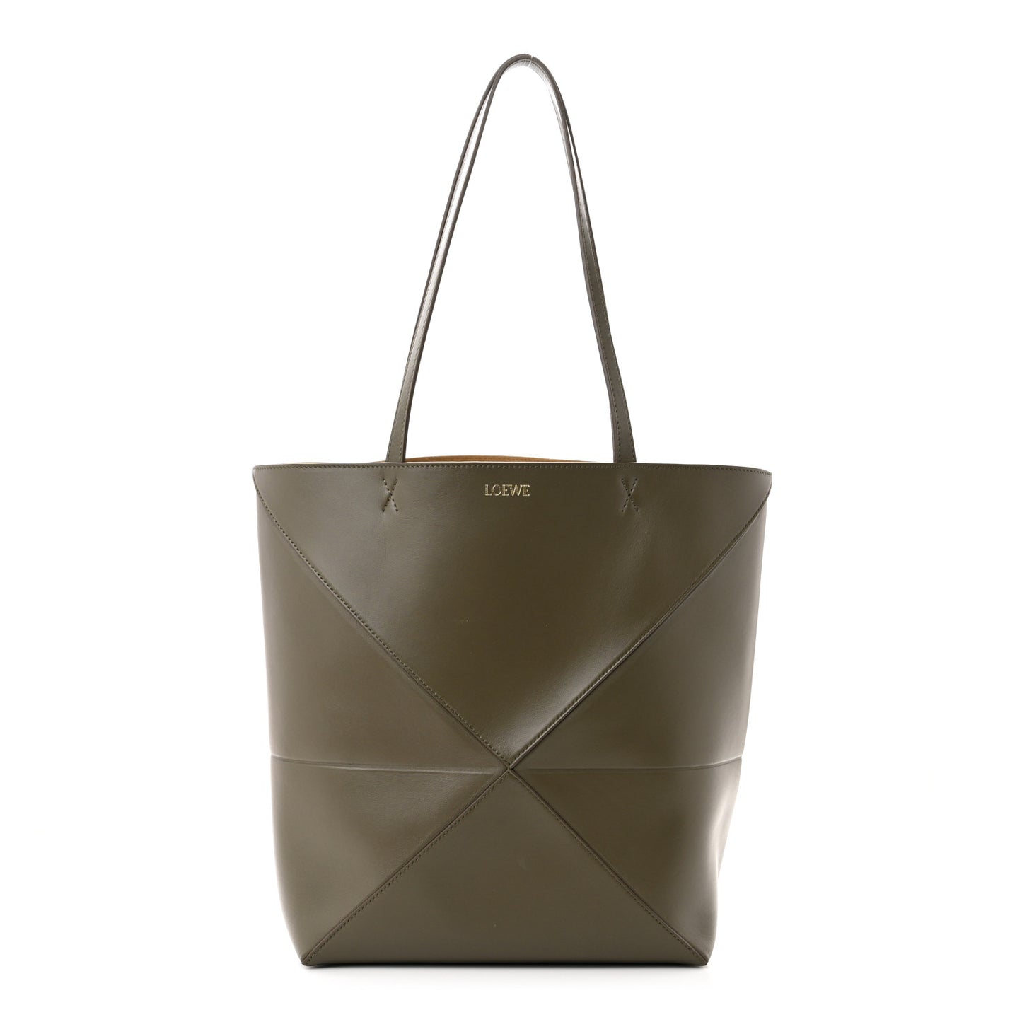 Shiny Calfskin Puzzle Fold Tote Dark Khaki Green