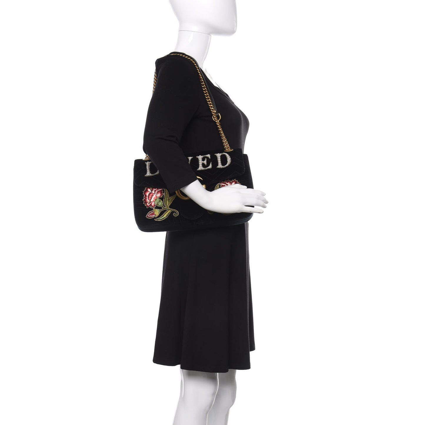 Velvet Matelasse Loved Embroidered Medium GG Marmont Shoulder Bag Black
