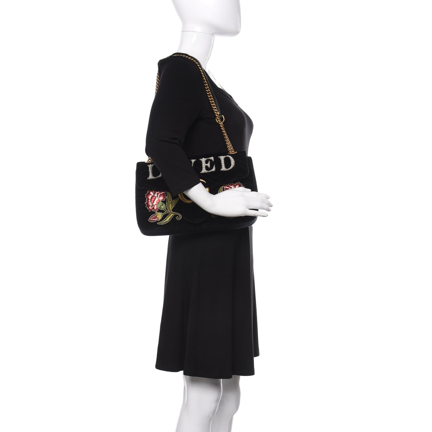 Gucci Velvet Matelasse Loved Embroidered Medium GG Marmont Shoulder Bag Black 3 of 10