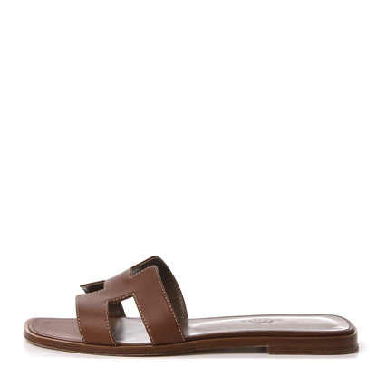 Hermes Box Calfskin Oran Sandals 37.5 Gold 1 of 11