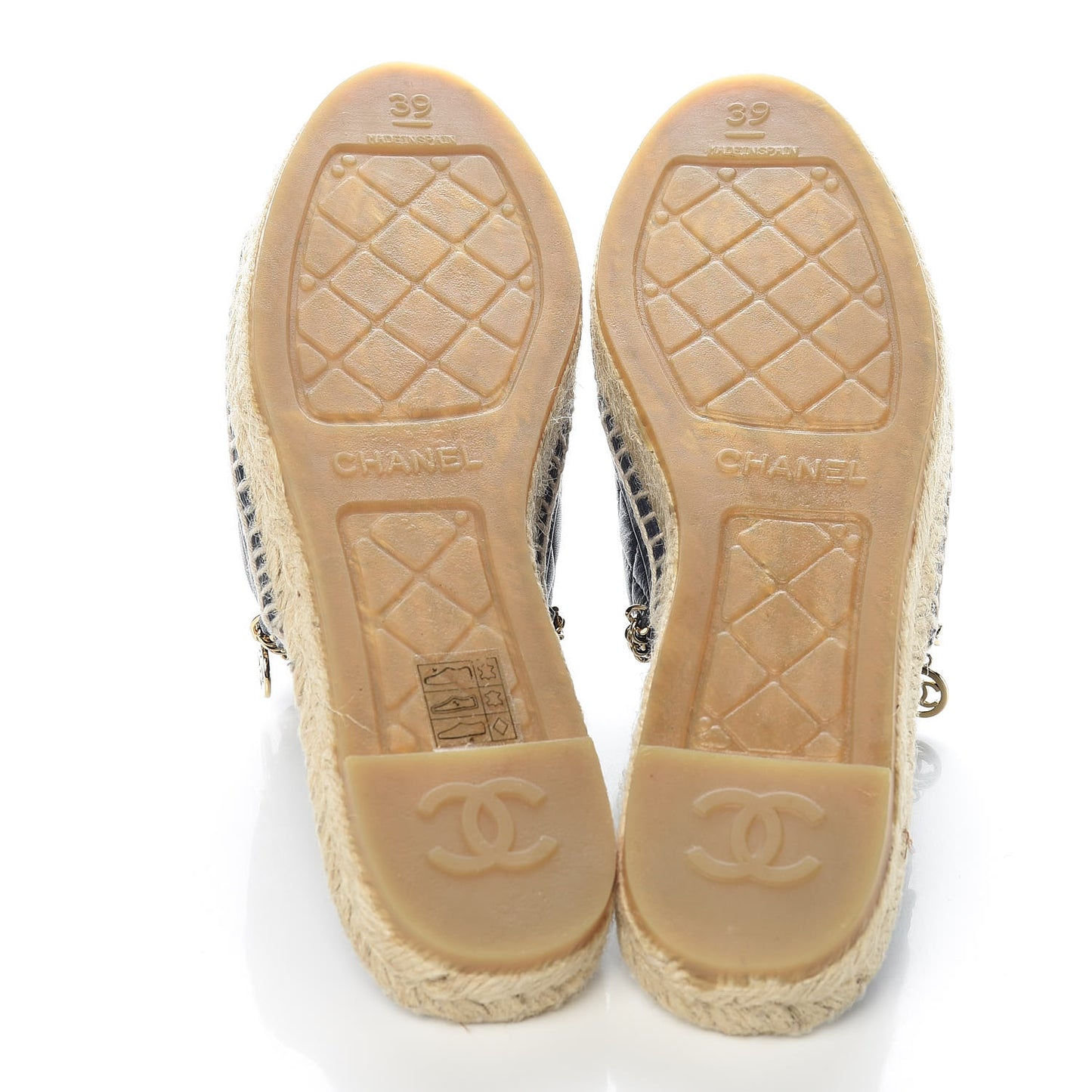 Lambskin Grosgrain Quilted CC Chain Espadrille Mules 39 Black Navy