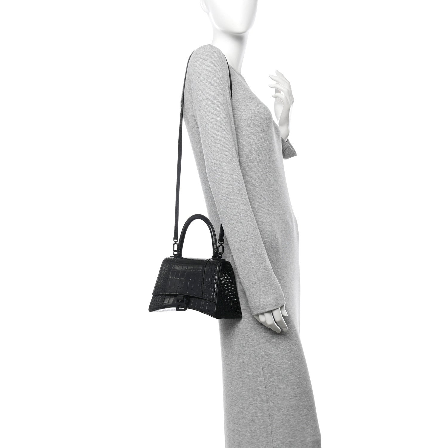 Balenciaga Shiny Calfskin Monochrome Crocodile Embossed Small Hourglass Top Handle Bag Black 2 of 10