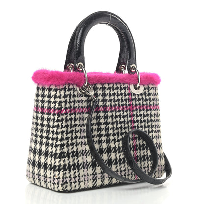 Christian Dior Tweed Crocodile Mink Plaid Medium Lady Dior Black Pink White 3 of 9