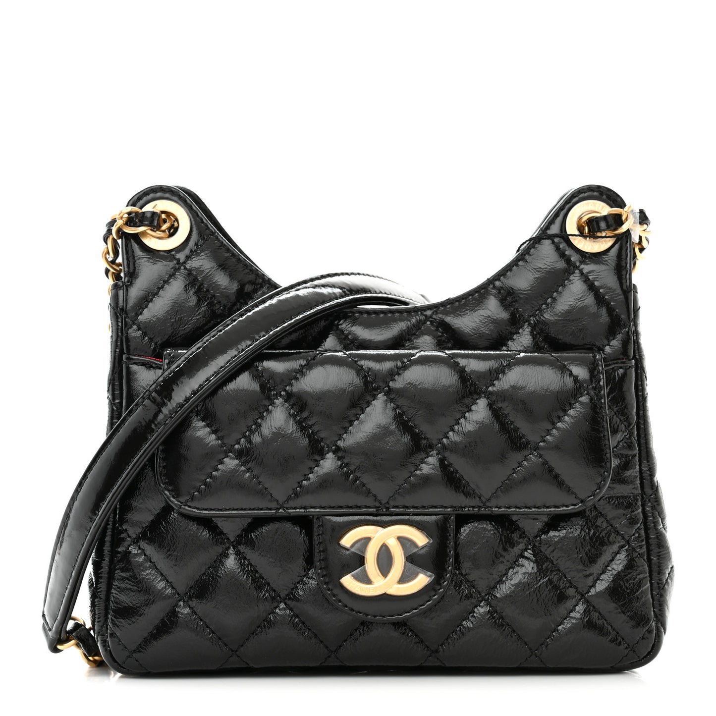 Shiny Crumpled Calfskin Quilted Small Wavy CC Hobo Black