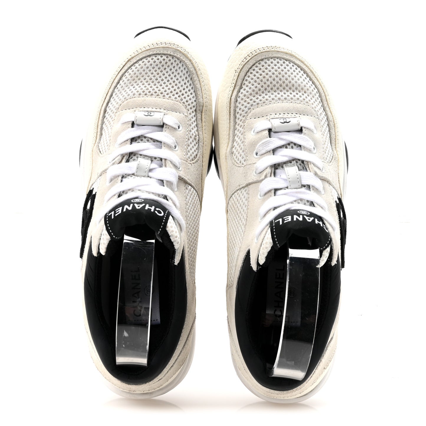Mesh Suede Calfskin Grained Calfskin Womens CC Sneakers 38.5 White Black