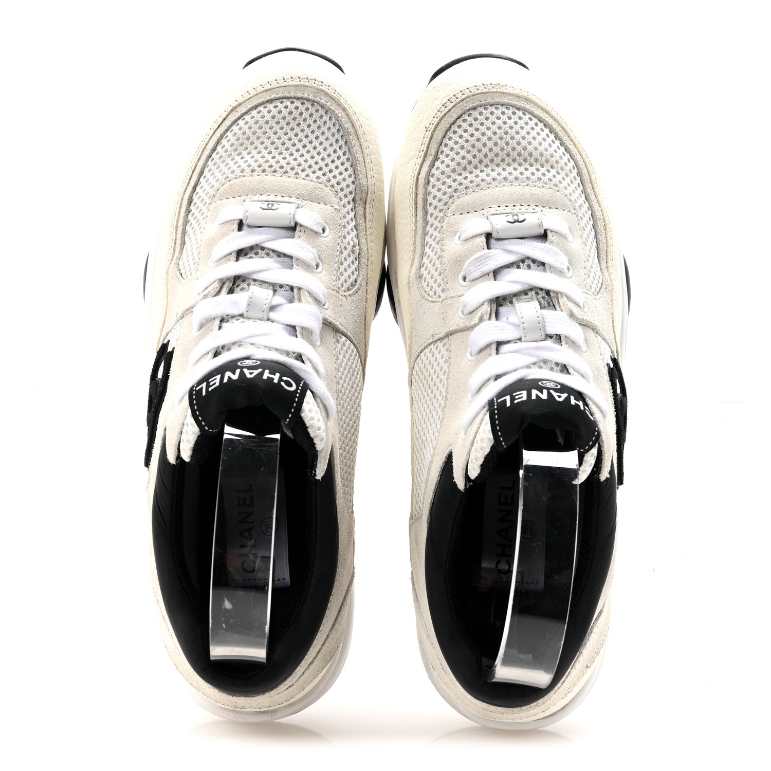 Chanel Mesh Suede Calfskin Grained Calfskin Womens CC Sneakers 38.5 White Black 2 of 9