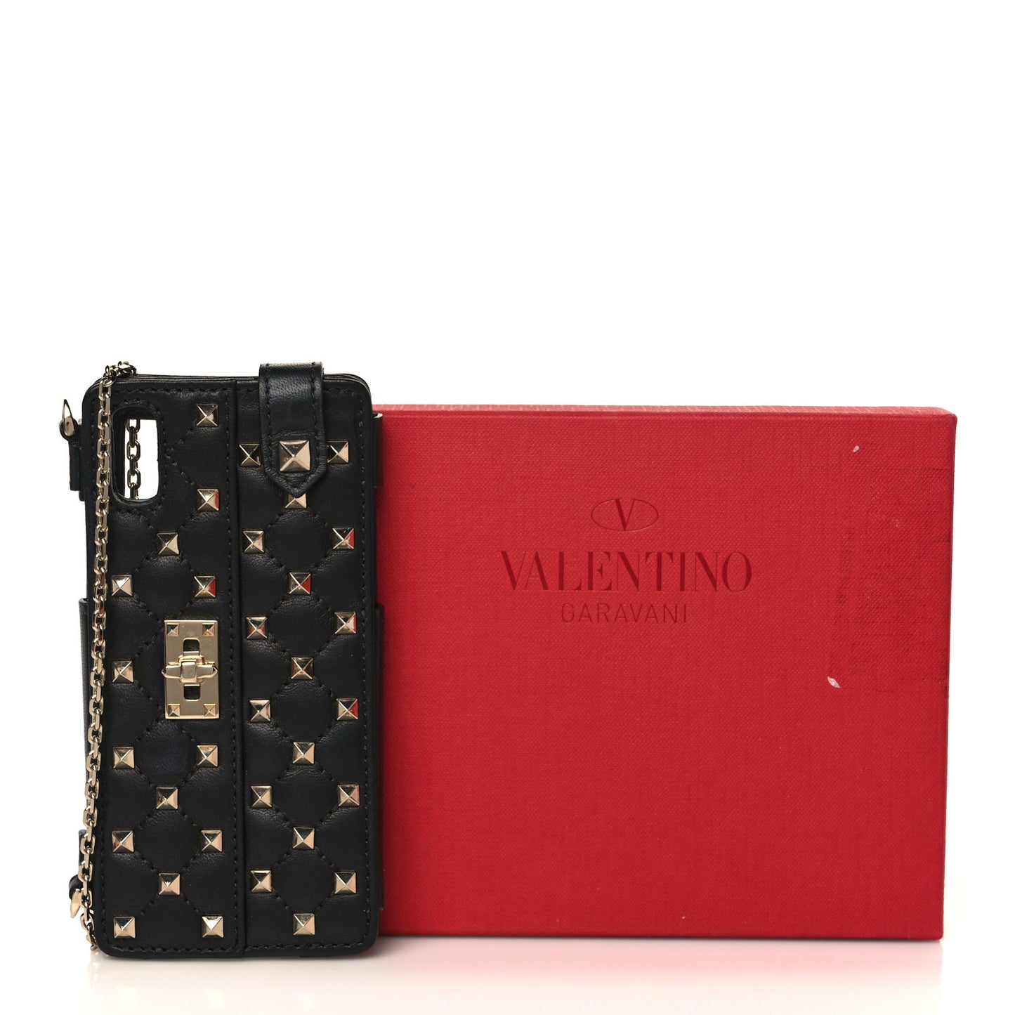 Calfskin Rockstud Spike iPhone X Phone Case With Chain Black