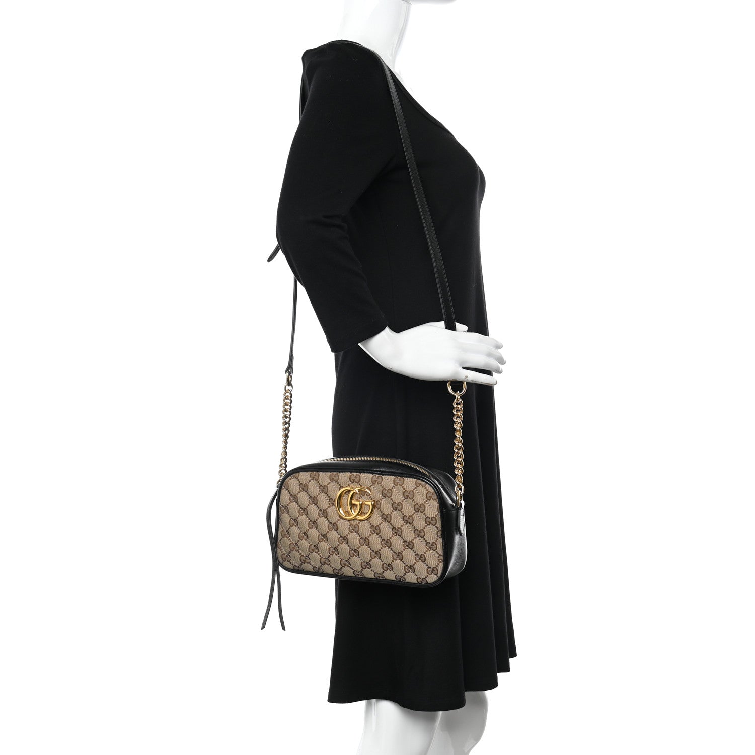 Gucci Monogram Matelasse Diagonal Small GG Marmont Chain Shoulder Bag Beige Black 2 of 15