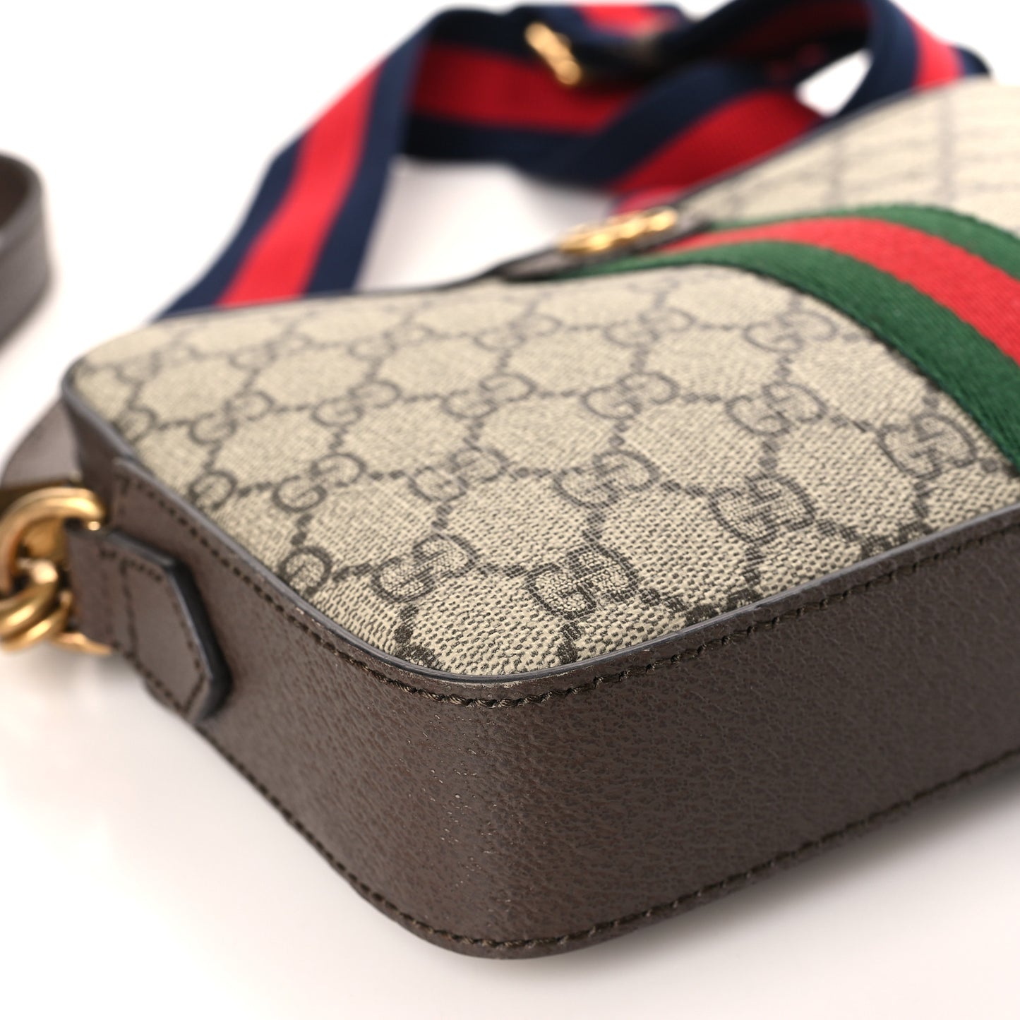 GG Supreme Monogram Textured Dollar Calfskin Web Ophidia Wristlet Shoulder Bag Beige Ebony New Acero