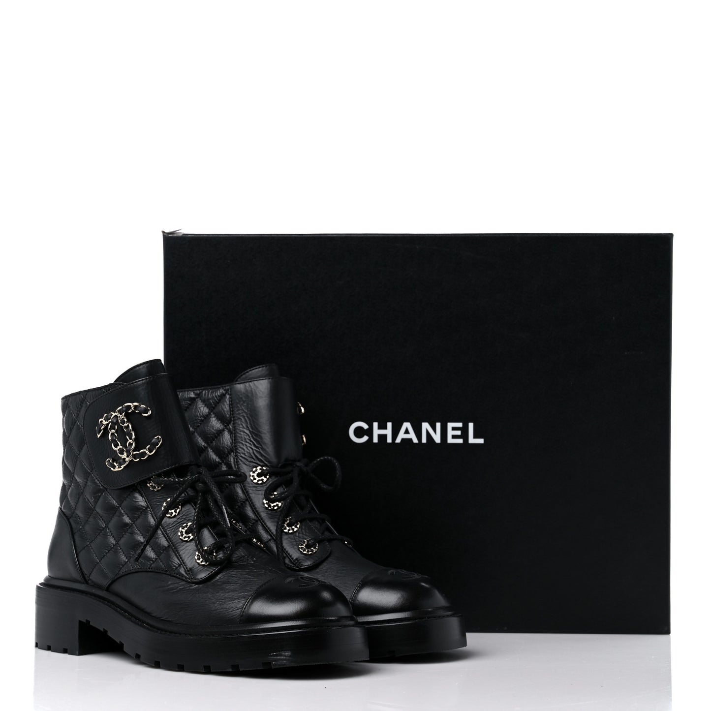Shiny Lambskin Quilted Lace Up Combat Boots 38 Black