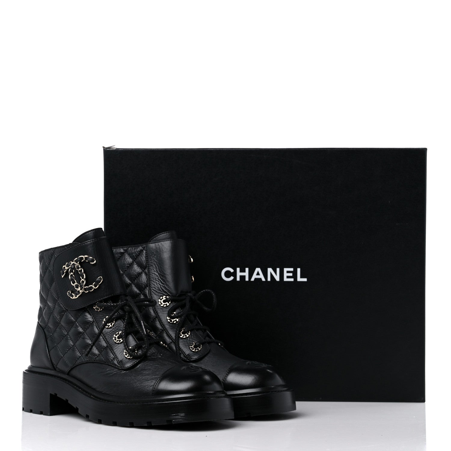 Chanel Shiny Lambskin Quilted Lace Up Combat Boots 38 Black 8 of 8