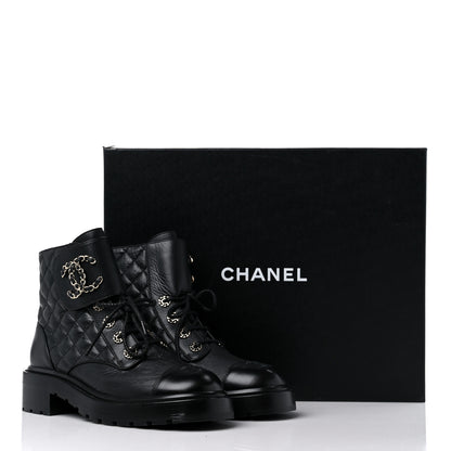 Chanel Shiny Lambskin Quilted Lace Up Combat Boots 38 Black 8 of 8