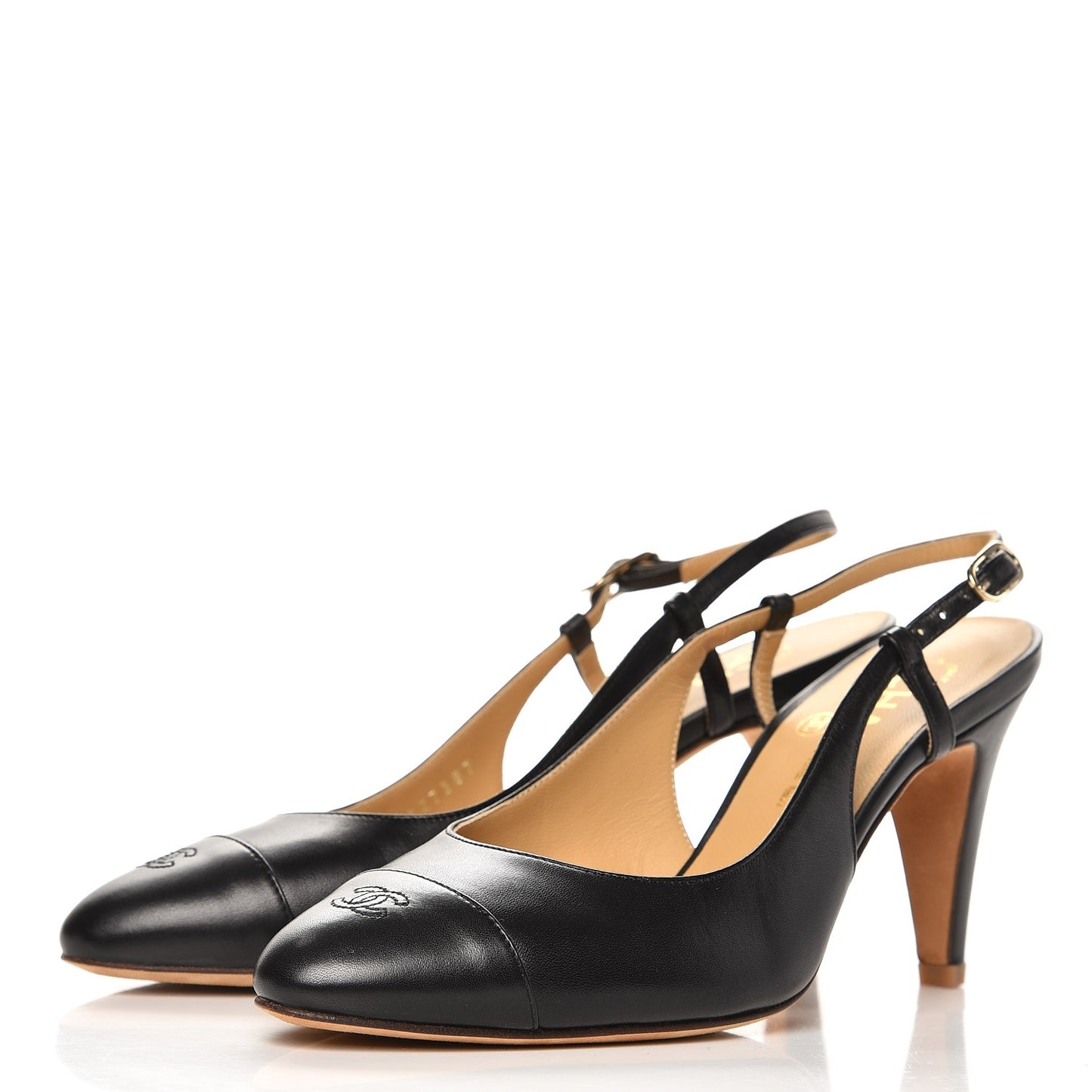 Lambskin Slit Slingback Cap Toe Pumps 35.5 Black