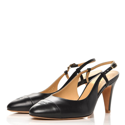 Chanel Lambskin Slit Slingback Cap Toe Pumps 35.5 Black 3 of 9