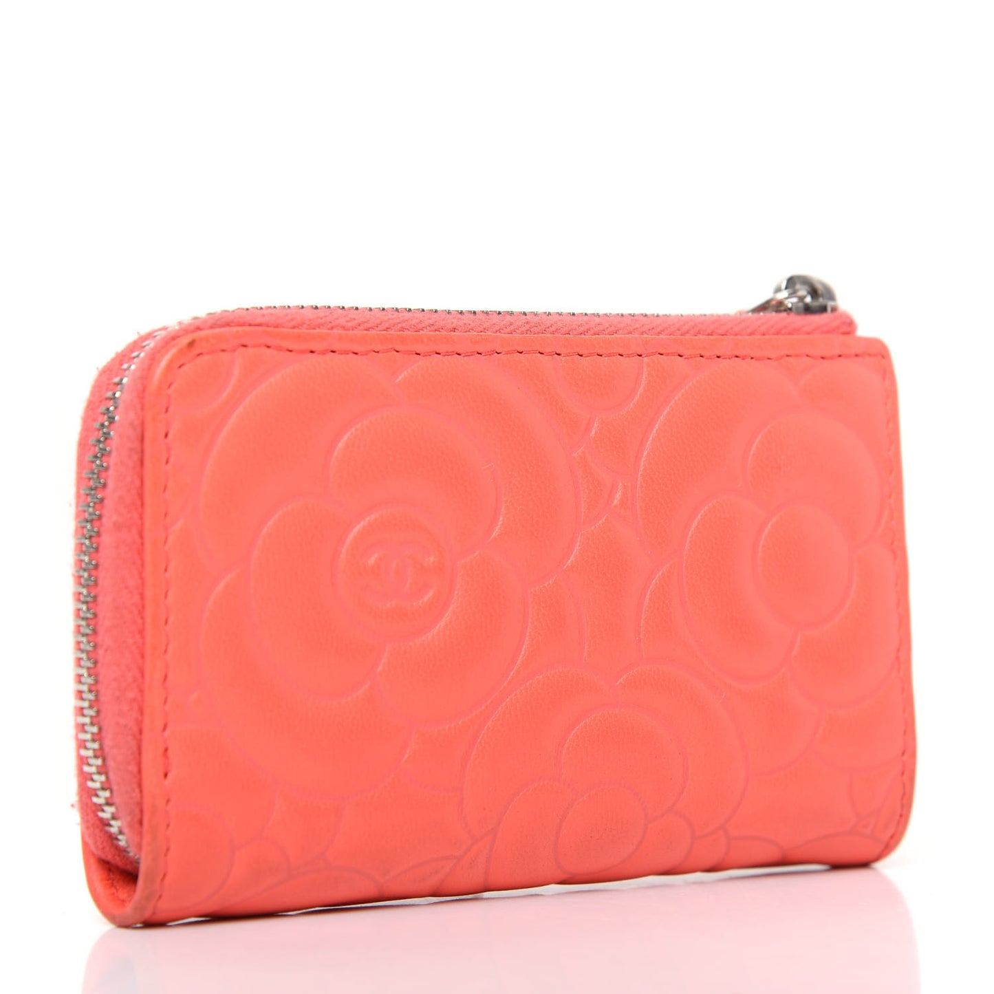 Lambskin Camellia Embossed Key Holder Case Coral