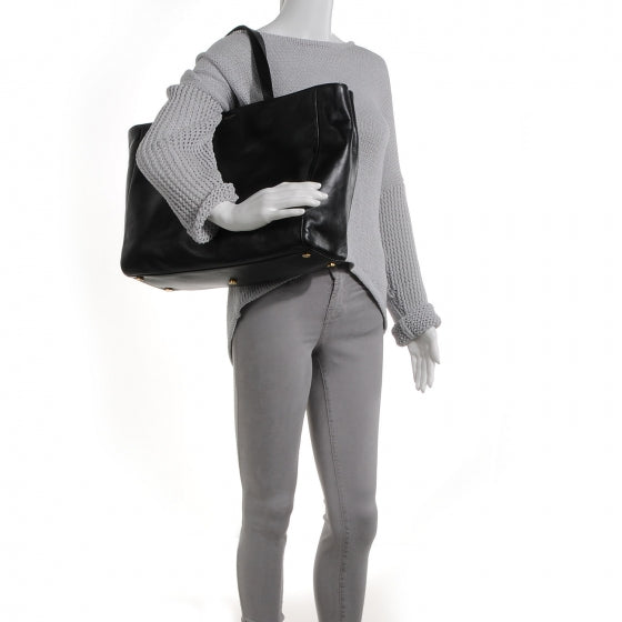 Leather Reversible East West Shopping Tote Black