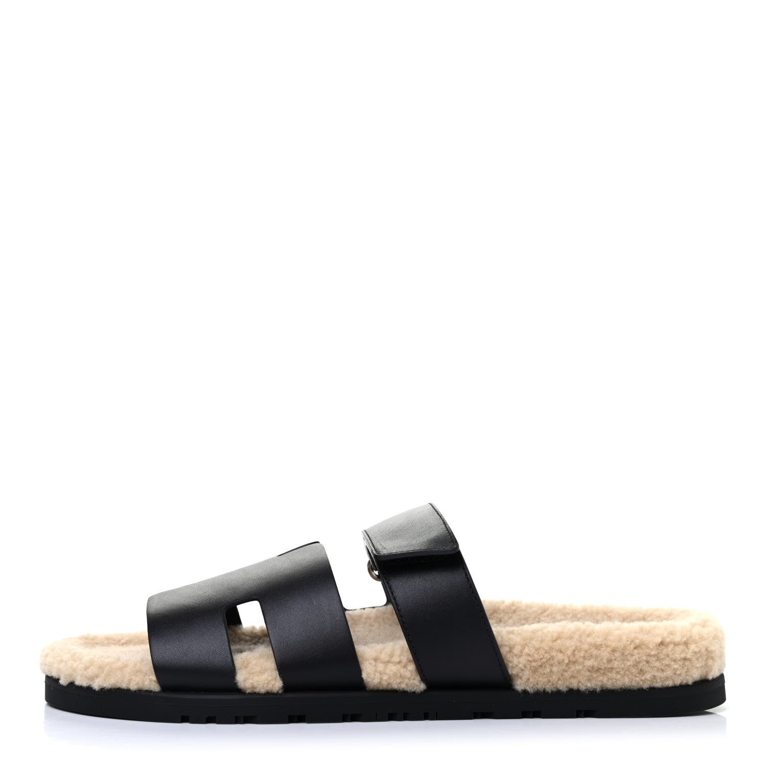 Hermes Veau Indios Woolskin Mens Chypre Sandals 43 Black Ecru 1 of 4