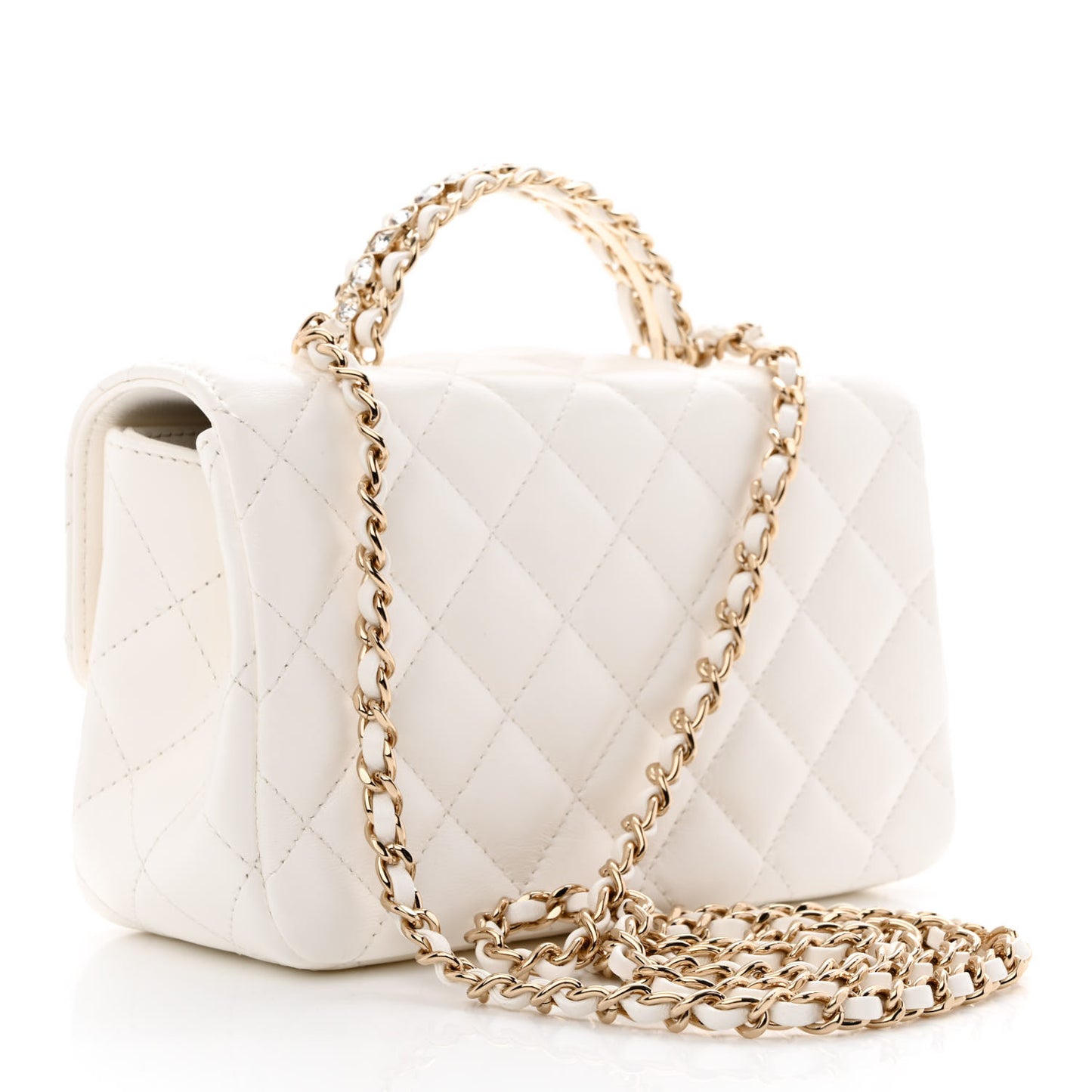 Lambskin Quilted Mini Crystal Top Handle Rectangular Flap White