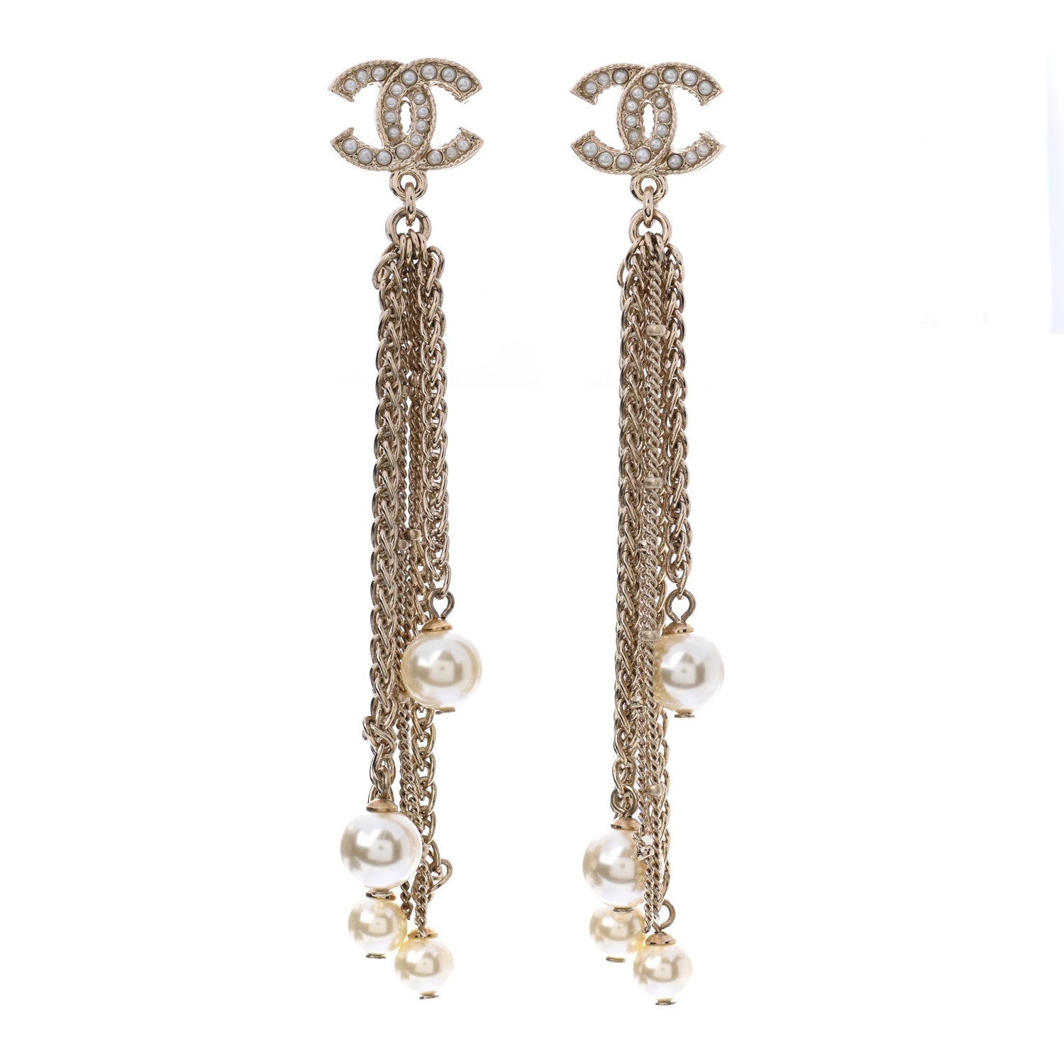 Chanel Pearl CC Multi Chain Drop Earrings Gold 1 of 4