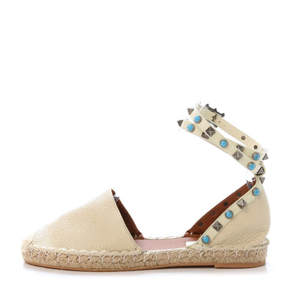 Valentino Garavani Grained Calfskin Turquoise Rockstud Rolling Ankle Wrap Espadrille 20mm Flats 37 Light Ivory Natural 1 of 8