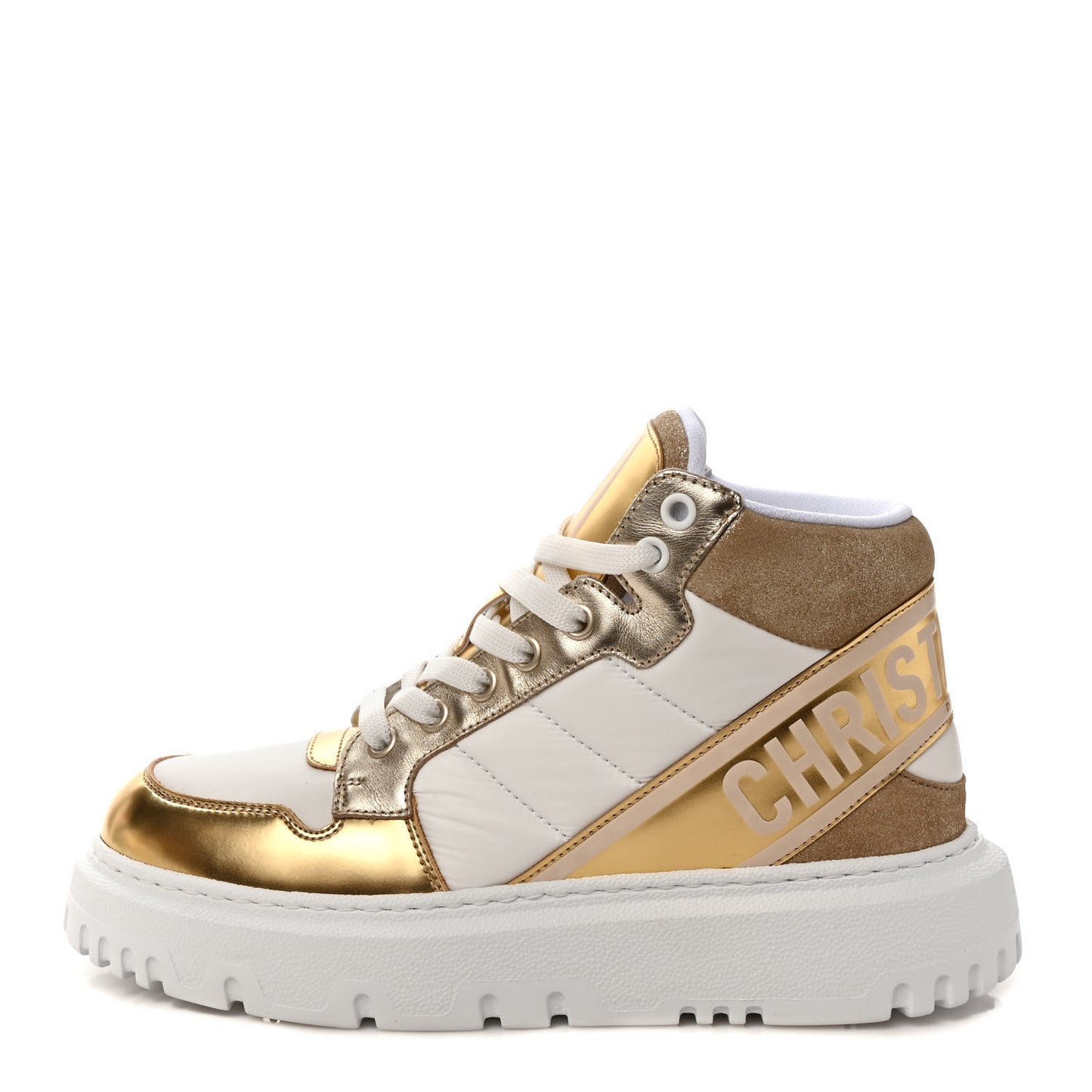Nylon Laminated Calfskin Womens D-Player High Top Sneakers 36 White Gold