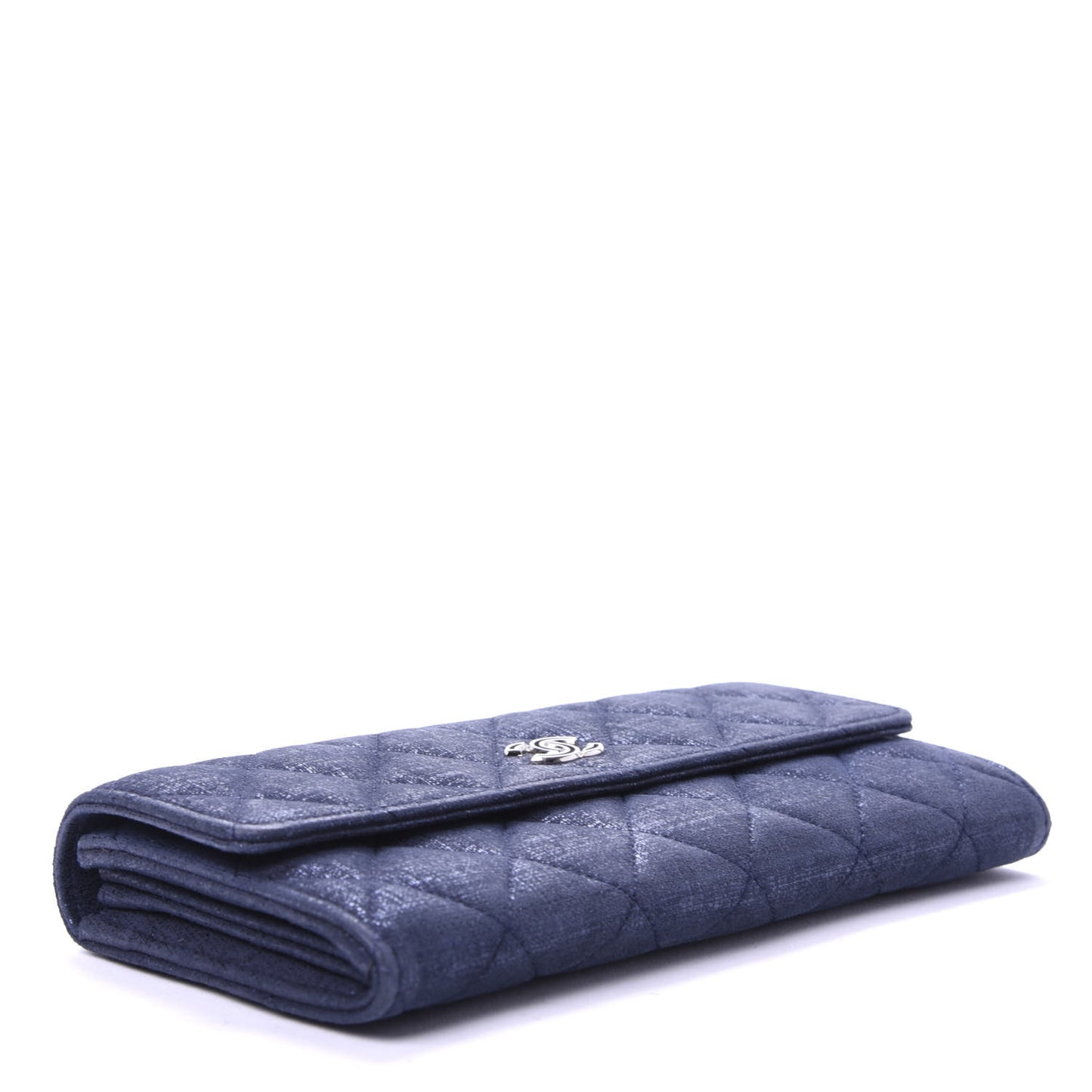 Iridescent Calfskin Quilted Large Gusset Flap Wallet Navy