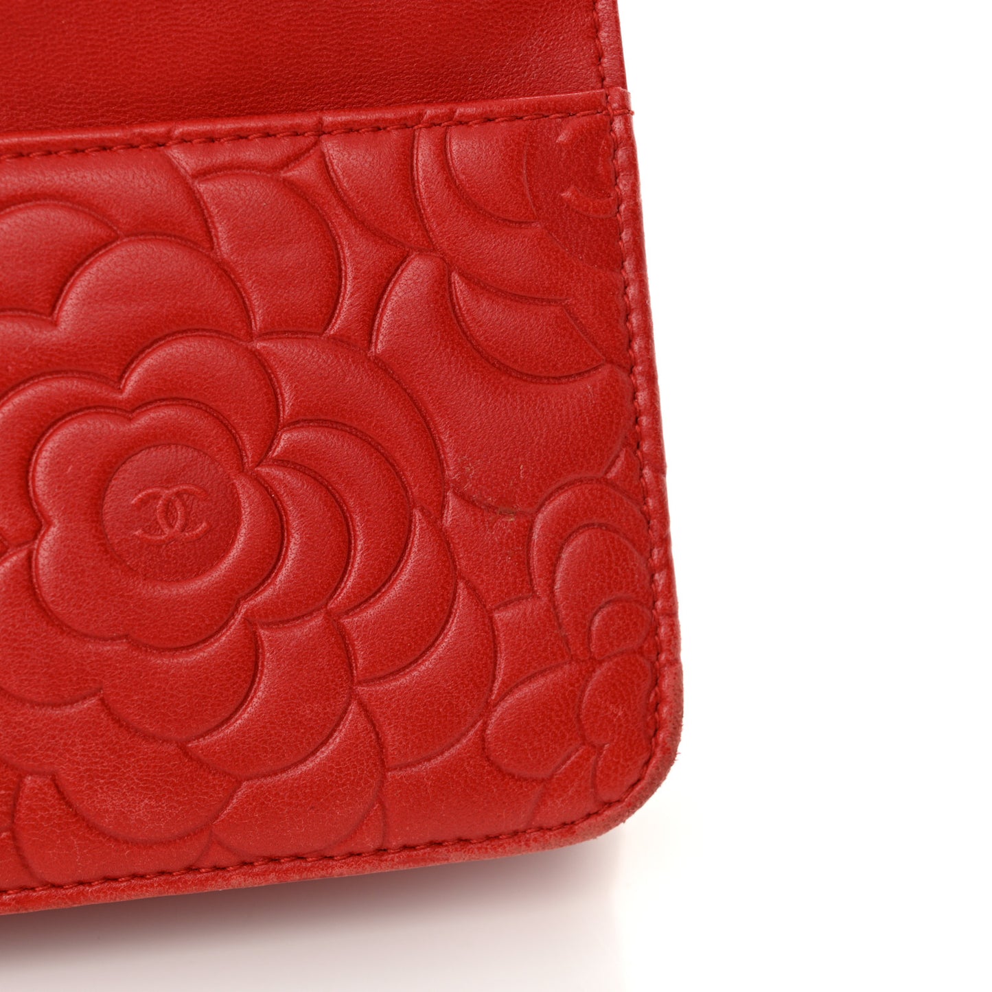 Lambskin Camellia Embossed Wallet on Chain WOC Red