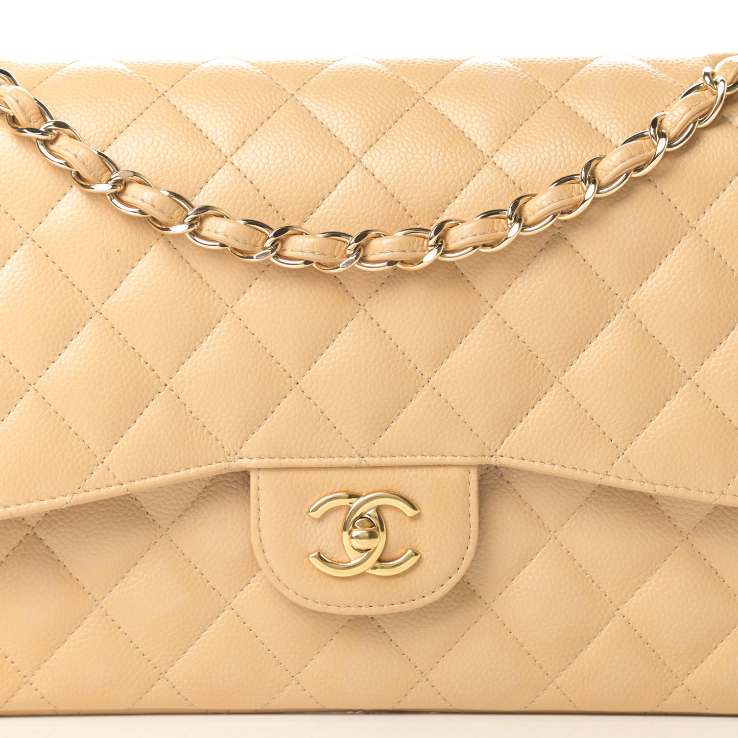 Caviar Quilted Jumbo Double Flap Beige Clair