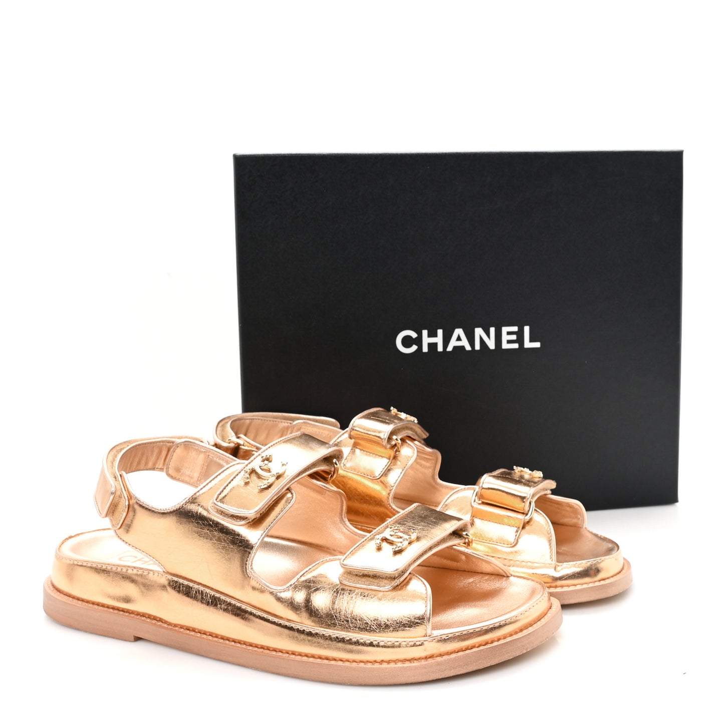 Metallic Laminated Calfskin Velcro Dad Sandals 40.5 Golden