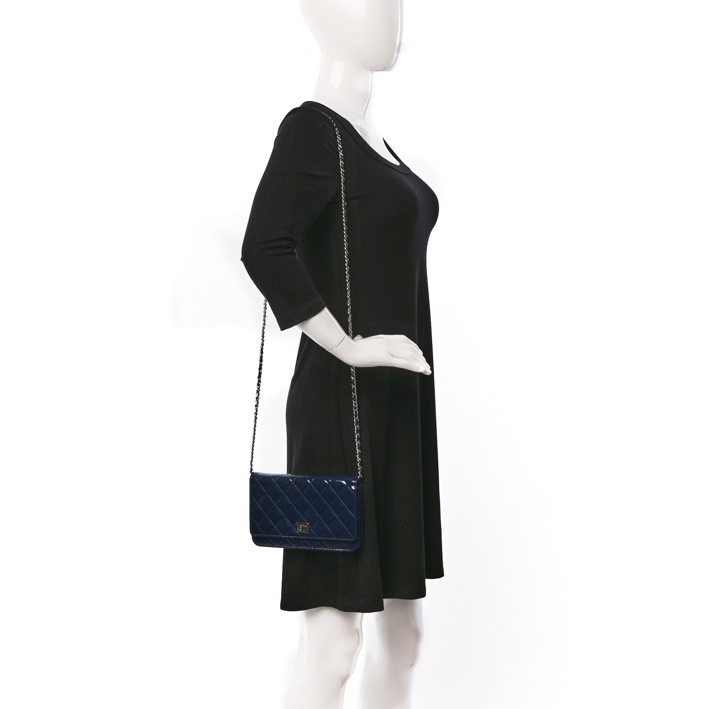 Patent Calfskin Quilted Reissue Wallet On Chain WOC Dark Navy Blue