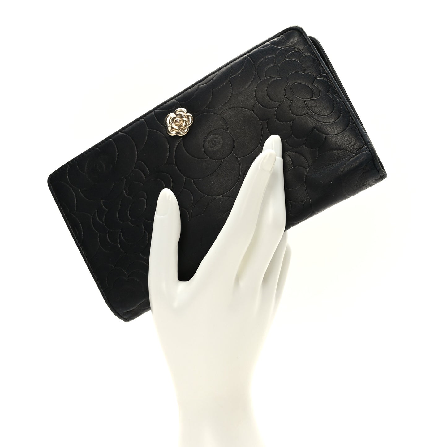 Lambskin Camellia Embossed Yen Wallet Black