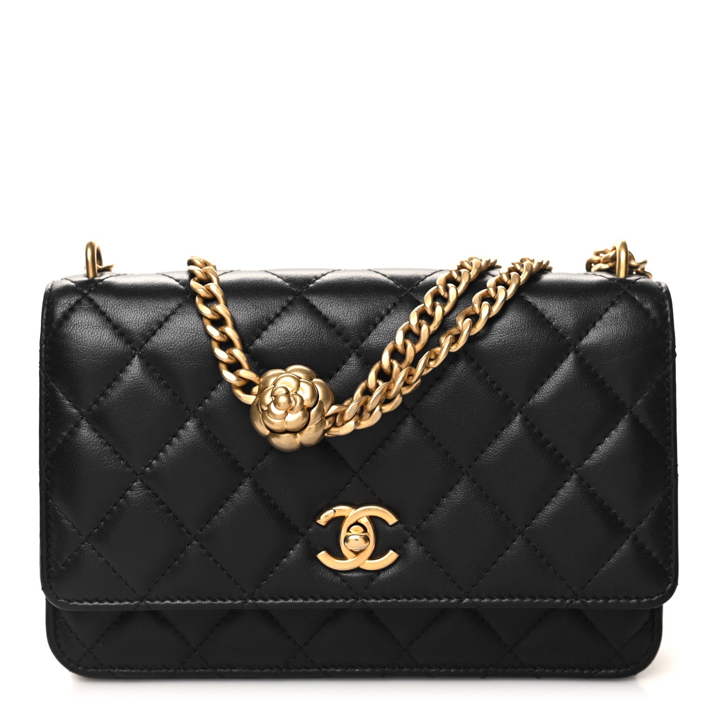Lambskin Quilted Sweet Camellia Wallet On Chain WOC Black