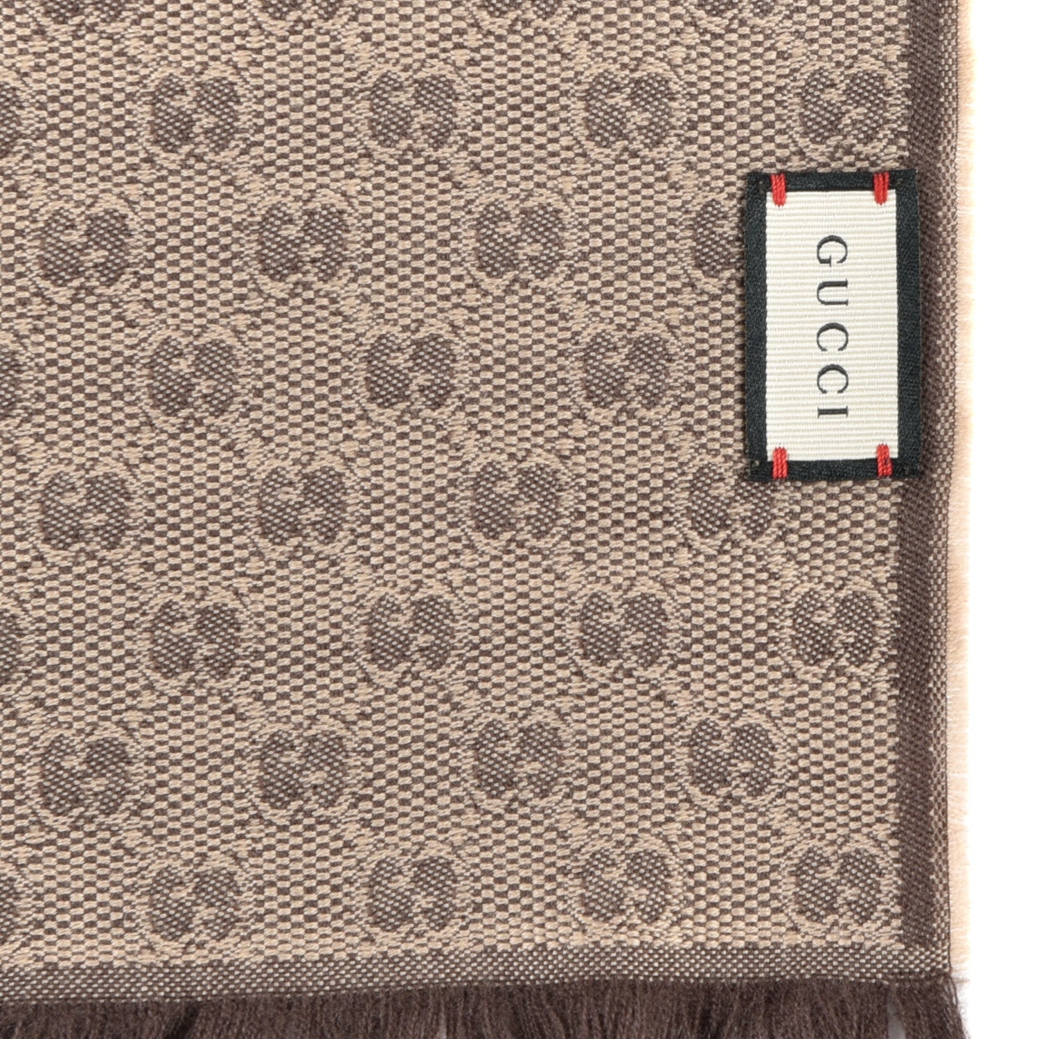 Gucci Wool Silk GG Monogram Web Verbier Fringe Scarf Light Brown Dark Green 5 of 5