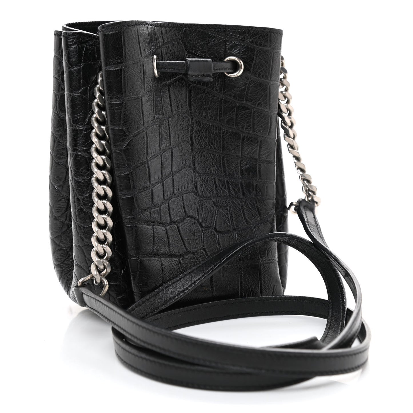 Calfskin Crocodile Embossed Mini Emmanuelle Bucket Bag Black